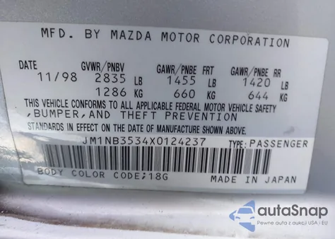 1999 Mazda Mx-5 Miata Leather Pkg/Popular Equipment Pkg/Sports Pkg/Touring Pkg z USA, uszkodzony, nr VIN JM1NB3534X0124237